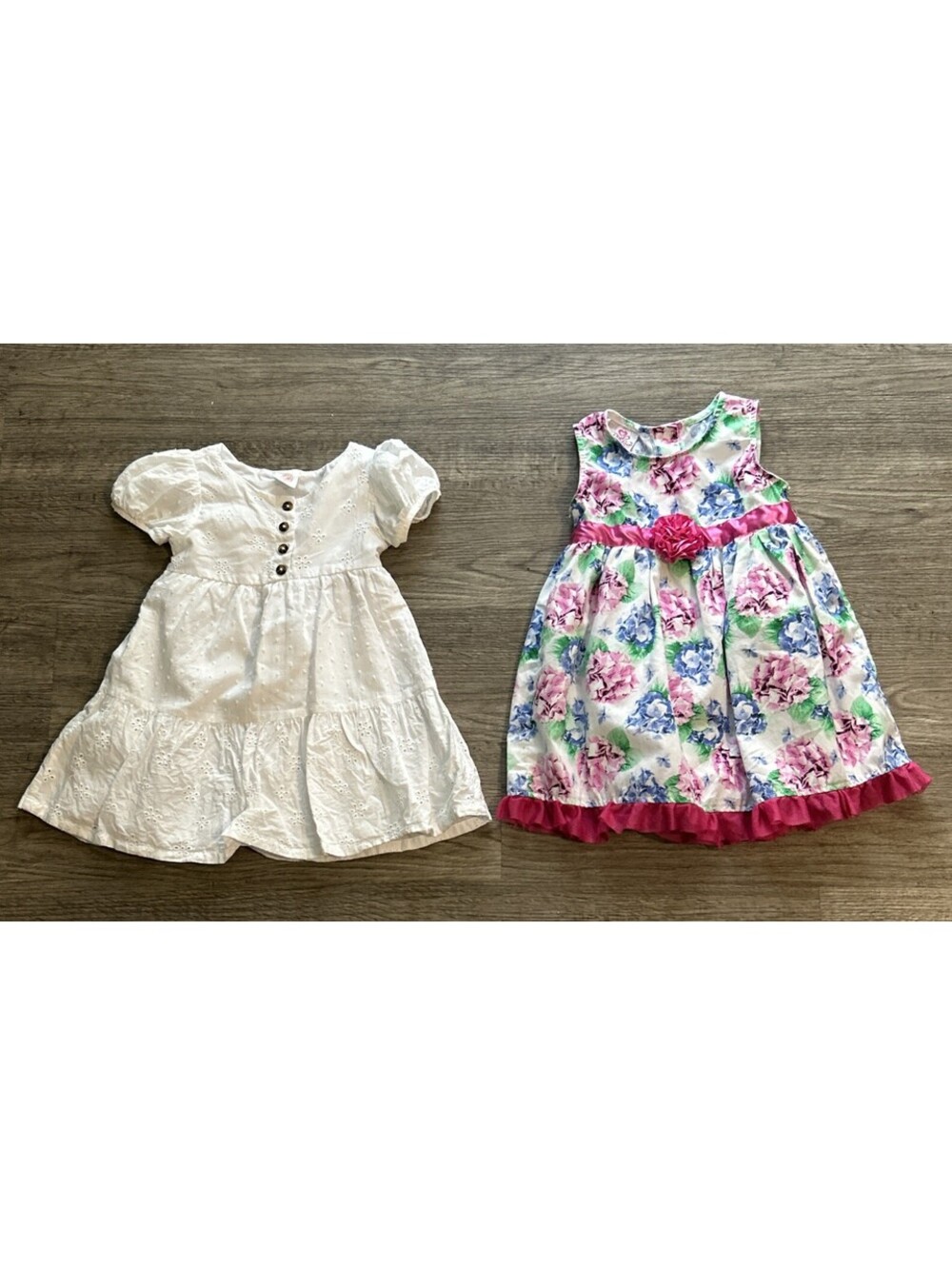 Lot Of 2 Toddler Girls Dresses Size 2T White Eyelet & Pink Floral W/Underslips
